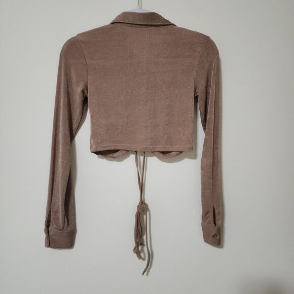 12th Tribe Womens Knit Cropped Button-Up Top Shimmery Brown Long Sleeve Size M - Picture 3 of 7